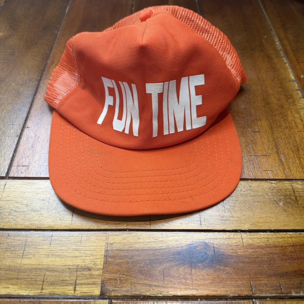Vintage New Era Hat Cap Snap Back Orange Mesh Trucker Fun Time Mens Medium USA